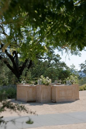 Wooden planter boxes arranged in a curved formation on a paved outdoor terrace under tree canopy.