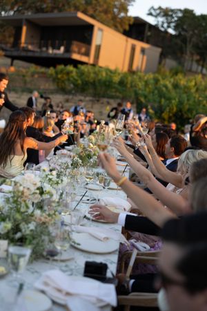 Wedding guests raise their glasses in a toast at a long outdoor dining table decorated with floral arrangements.