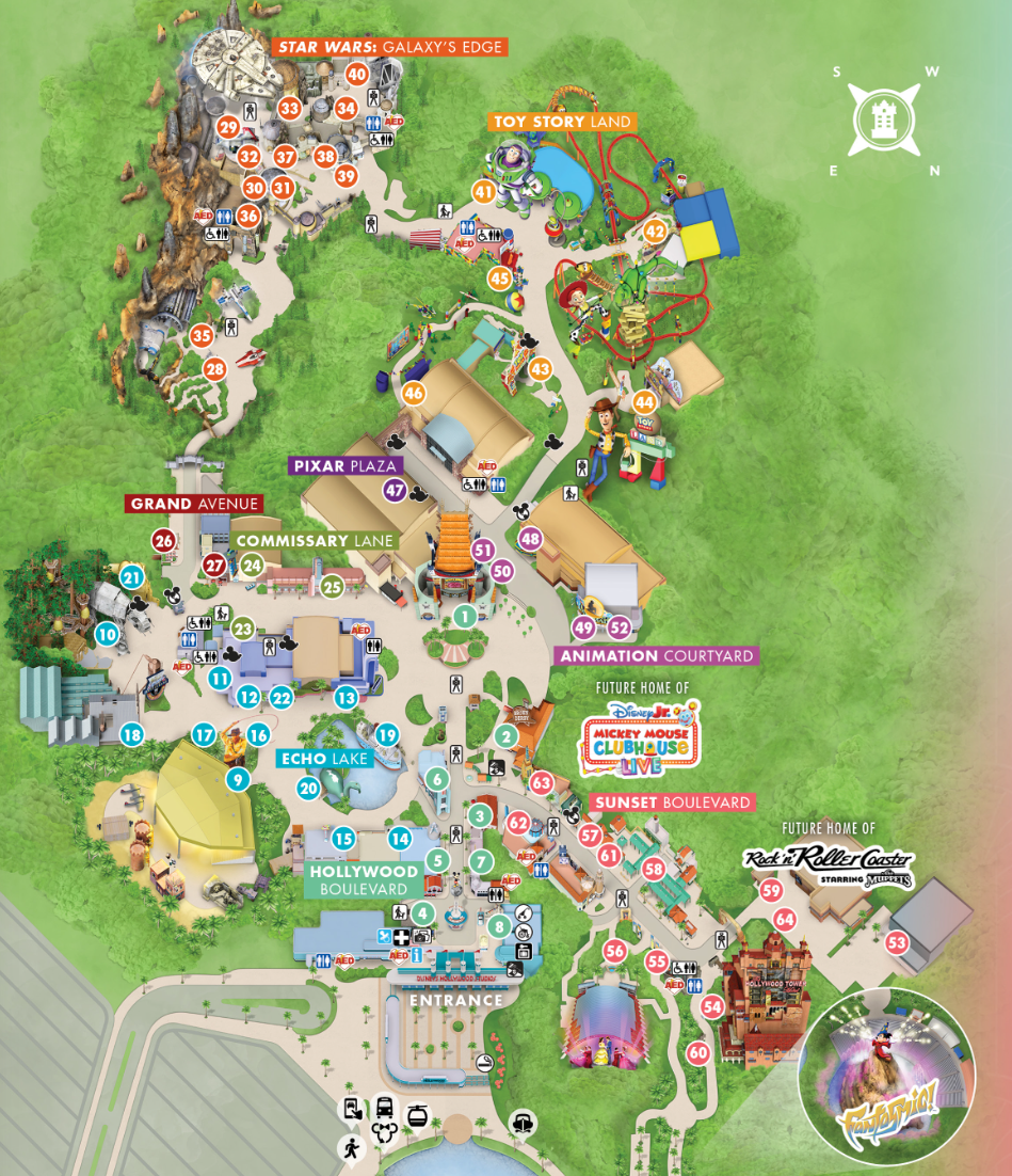 Detailed park map of Disney's Hollywood Studios showing attractions, restaurants, and pathways.