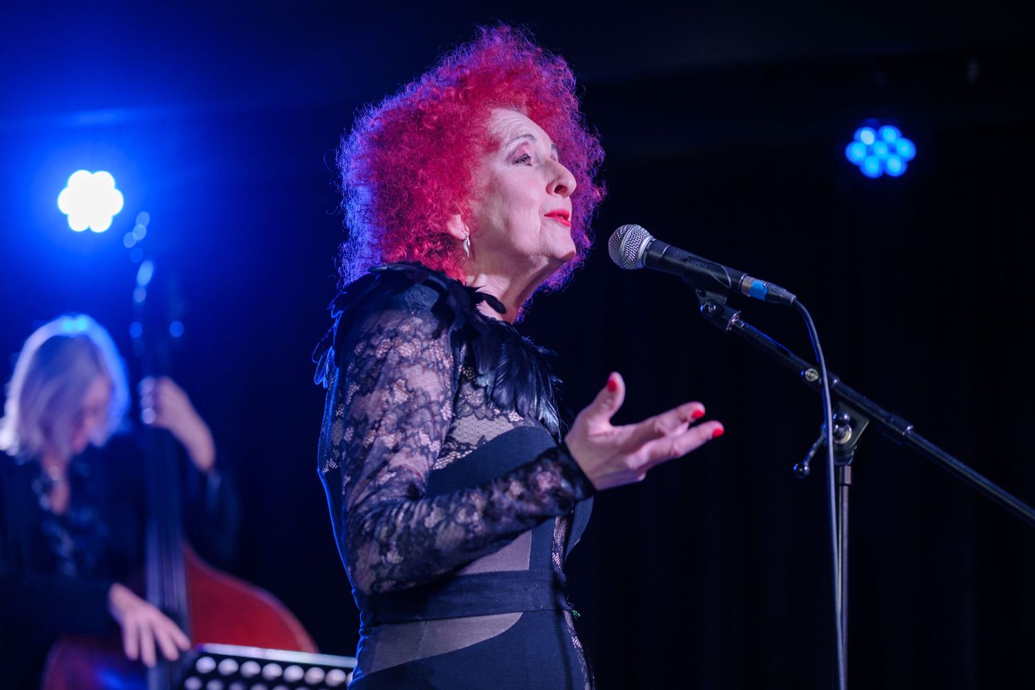 A performer in black lace sings passionately on stage with dramatic blue lighting during a concert performance.
