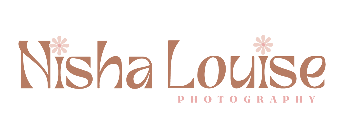 A delicate pink floral design with elegant calligraphy text reading 'Nisha Louise Photography' against a light background.