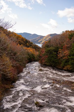 Rushing waterfall cascades down rocky terrain surrounded by vibrant autumn foliage in a mountainous landscape.