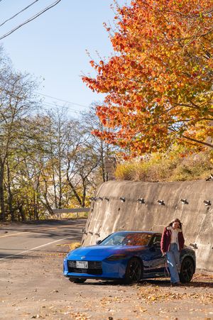 Blue sports car parked beneath vibrant orange autumn trees next to a concrete barrier in a parking area.