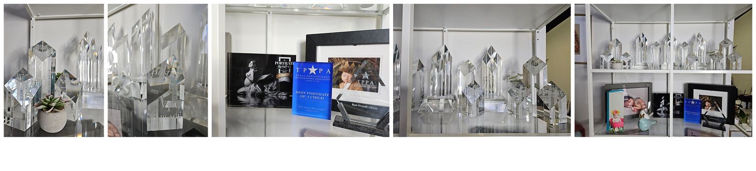 Valerie Kay Photography studio interior showing newborn photography awards and trophies viewing space in Austin Texas