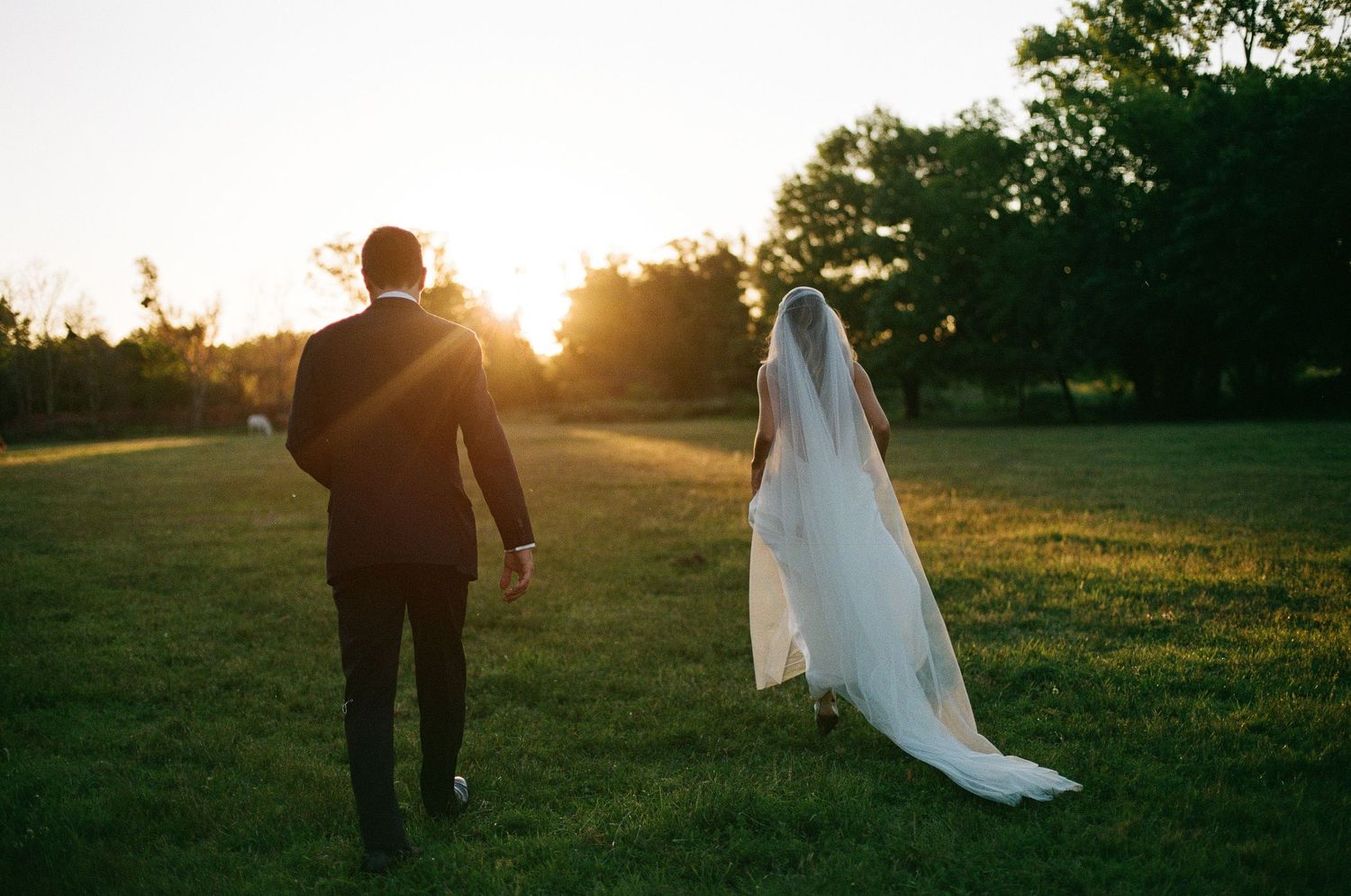 A romantic dip kiss moment between newlyweds on a grassy hillside.