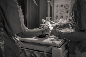 Förlossningsfotografering på Karolinska Solna. En nyfödd bebis ligger på barnbord med mask över ansiktet och behöver hjälp med andningen.