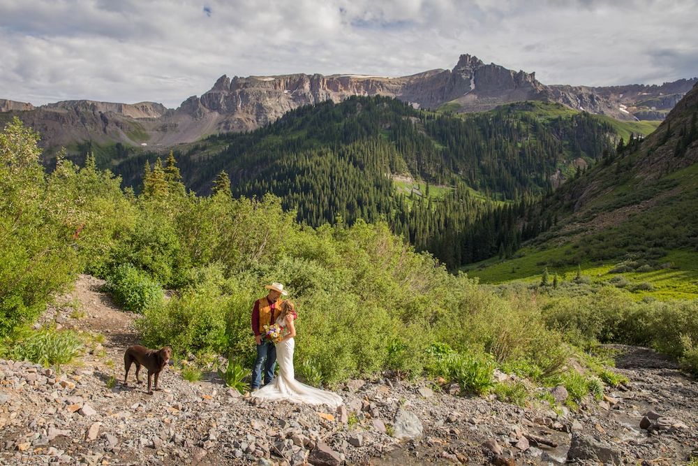 A panoramic mountain landscape with rocky peaks, green forests, and summer hiking trails in Colorado's wilderness.