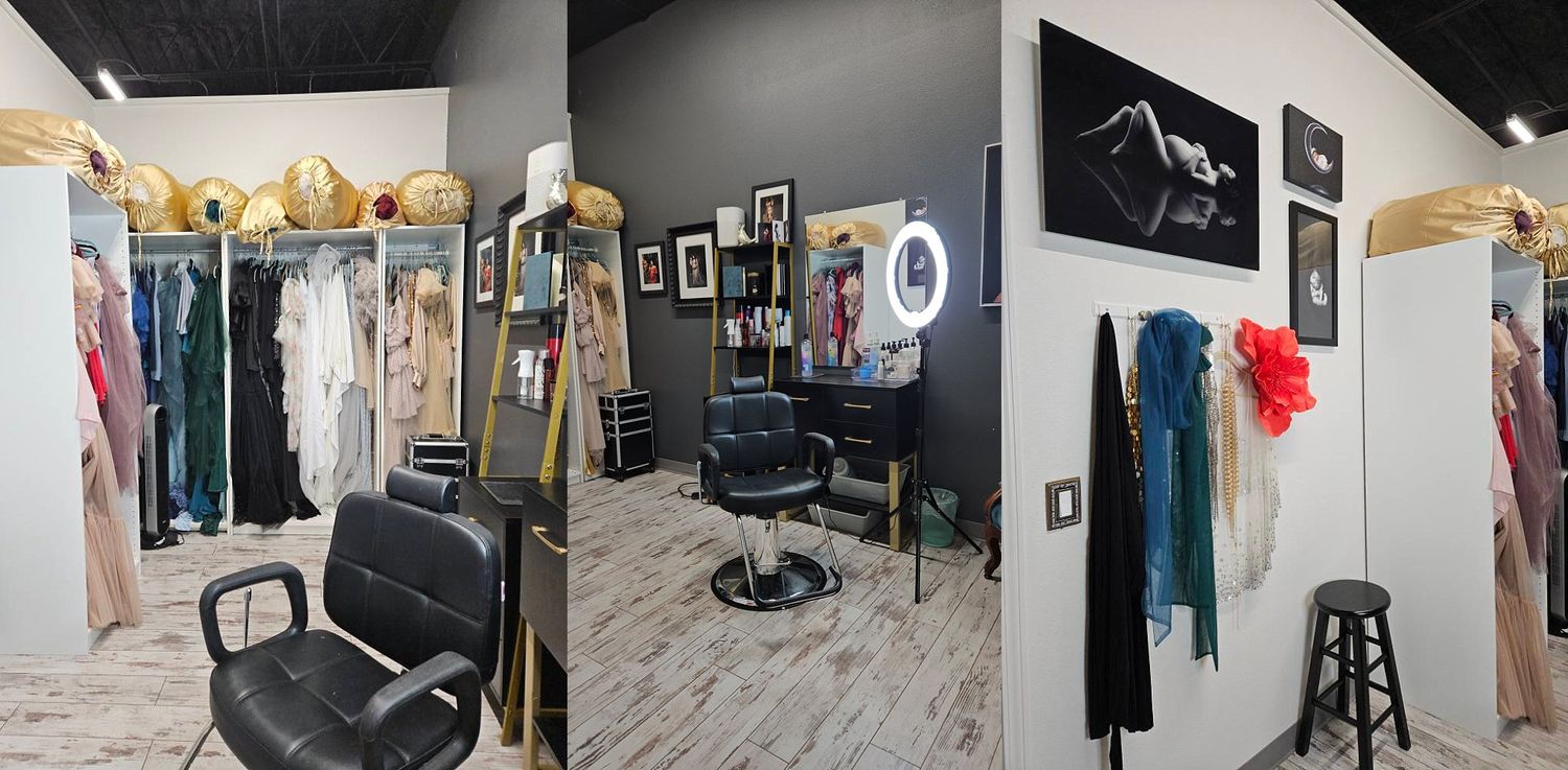 Collage of Valerie Kay Photography Maternity studio wardrobe and dressing room.  Featuring expansive gown collection, makeup station, & art