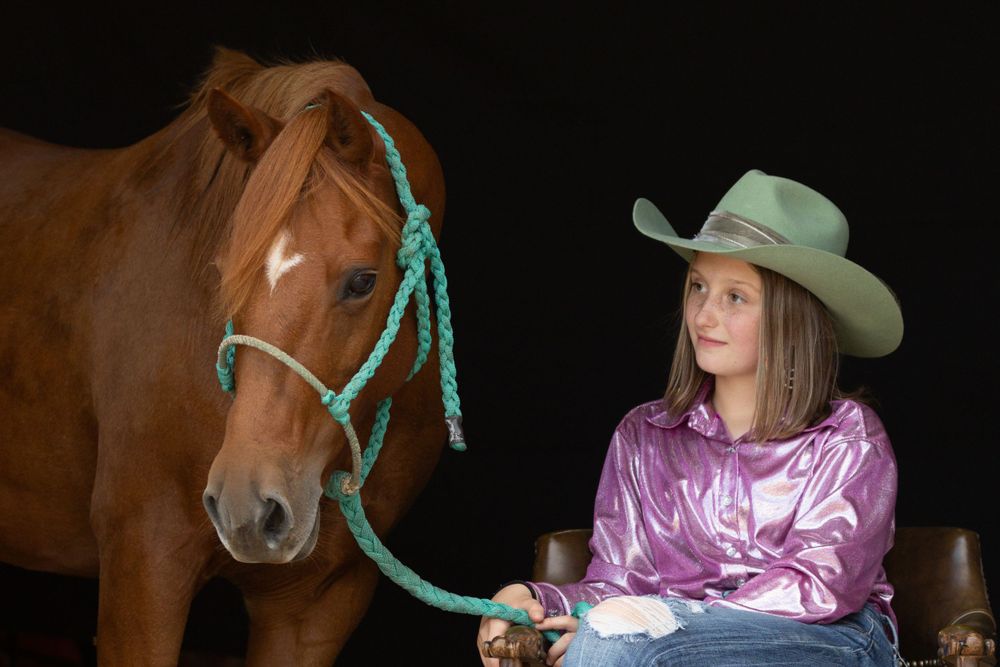 Western-styled photo with horse wearing turquoise lead rope against dark background.