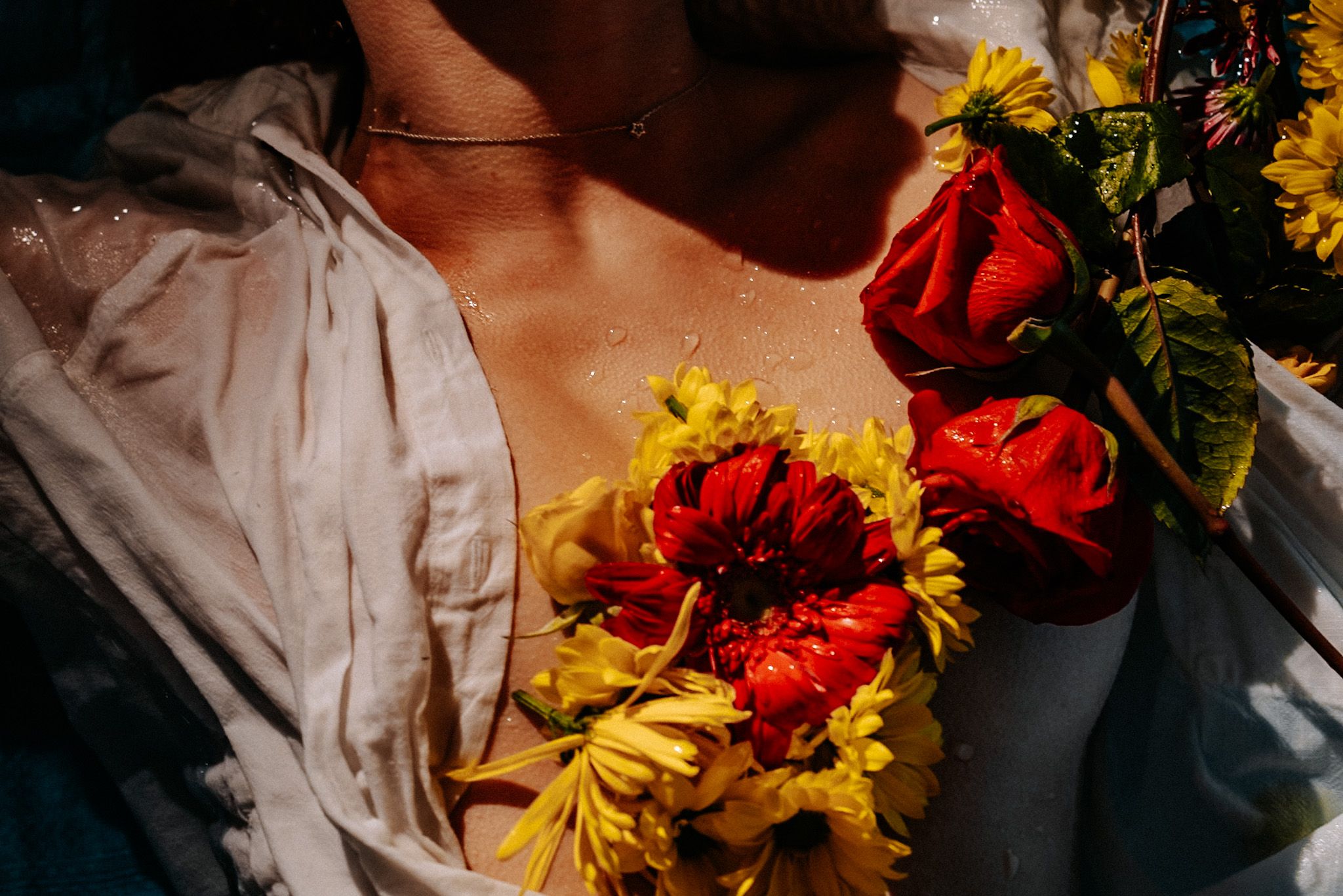 Sunlit portrait with red roses and yellow sunflowers in natural lighting.