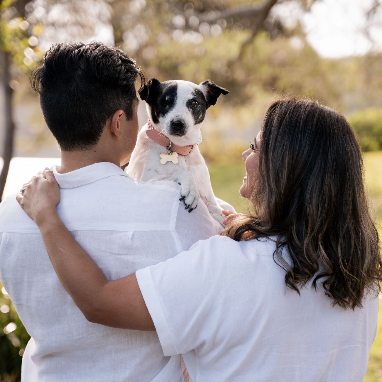 dog is peaking through her owners shoulder looking at the camera during a pet friendly couples photoshoot in Sydney