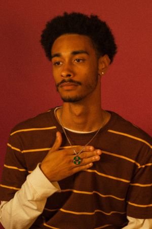Fashion portrait showing model in brown striped sweater with jewelry against warm red backdrop.