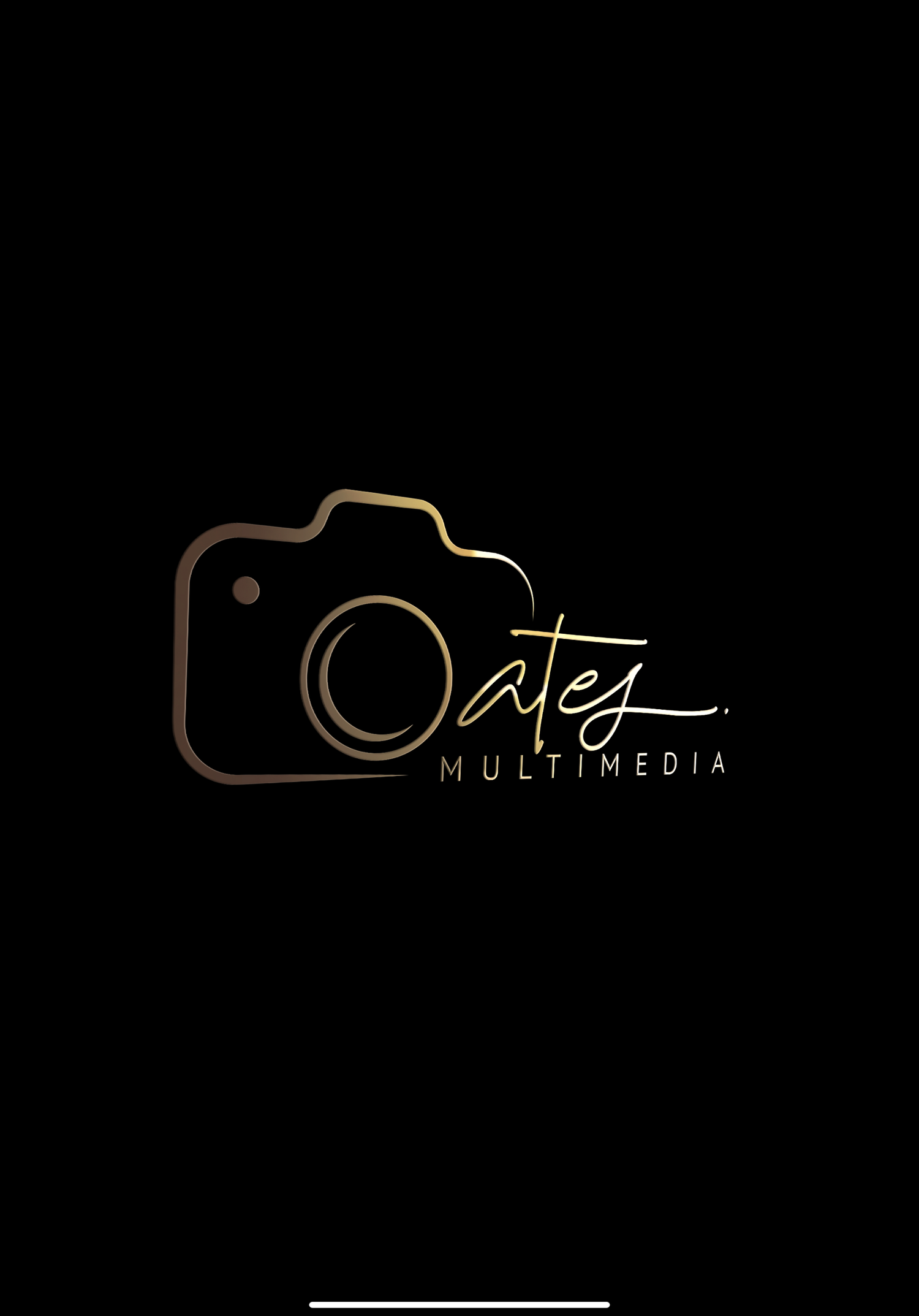 Minimalist camera logo design in gold script on black background.