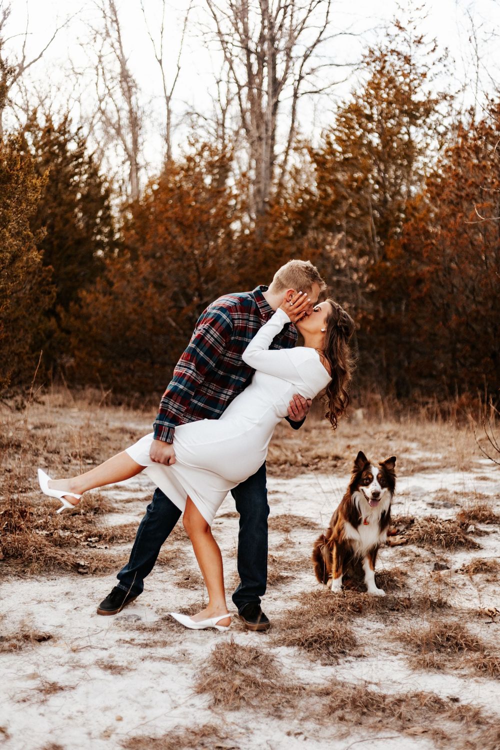 Couple sharing a romantic dip kiss outdoors in autumn with a brown and white Border Collie sitting nearby.