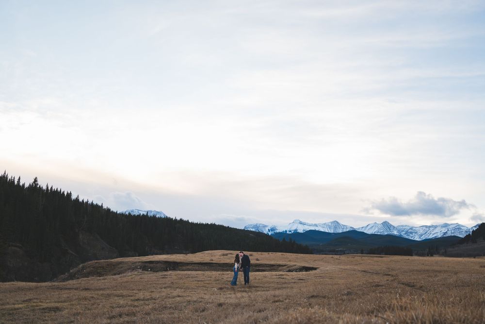 Couple standing in golden meadow with snow-capped mountains and pine forest backdrop under a cloudy sky.