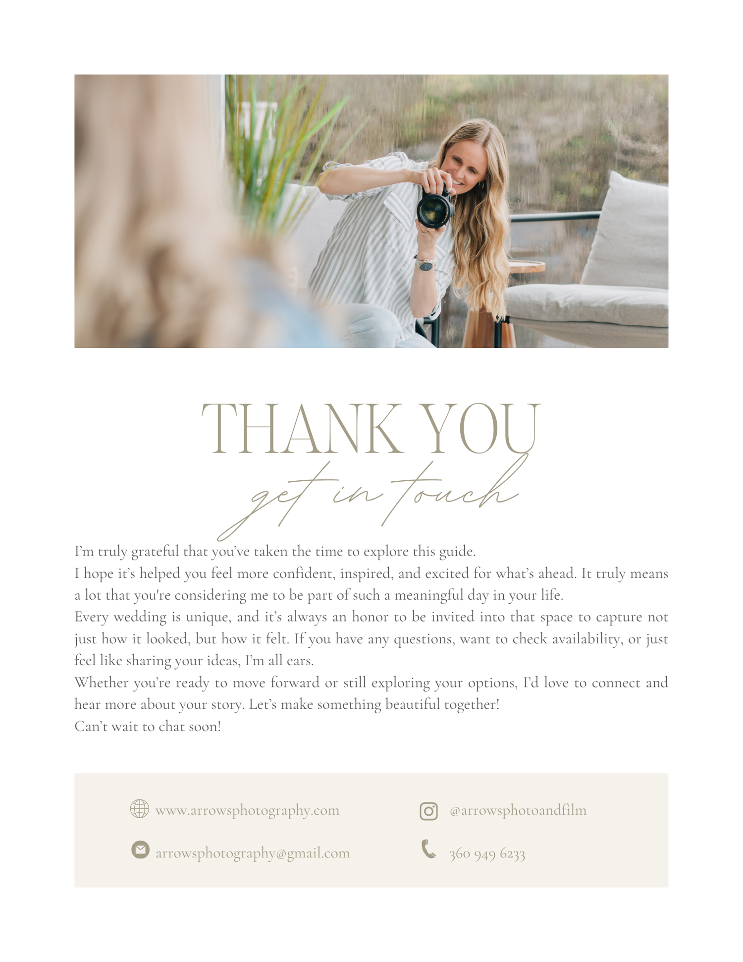 Thank you get in touch photography guide with woman holding camera and contact details for booking inquiries.