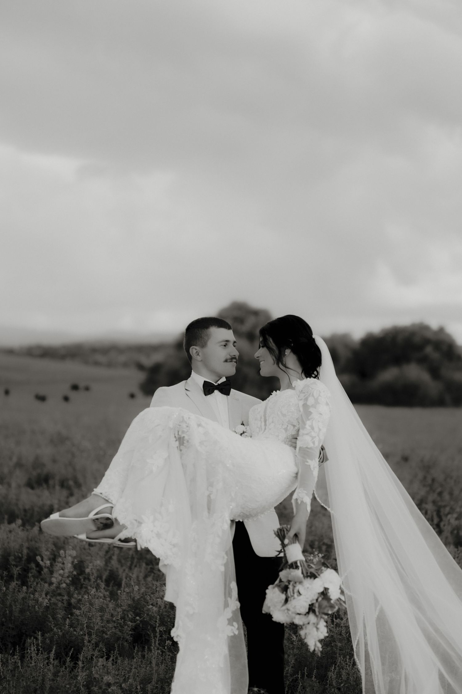 Groom carries bride in white lace gown and veil through a scenic field in a romantic black and white wedding photo.