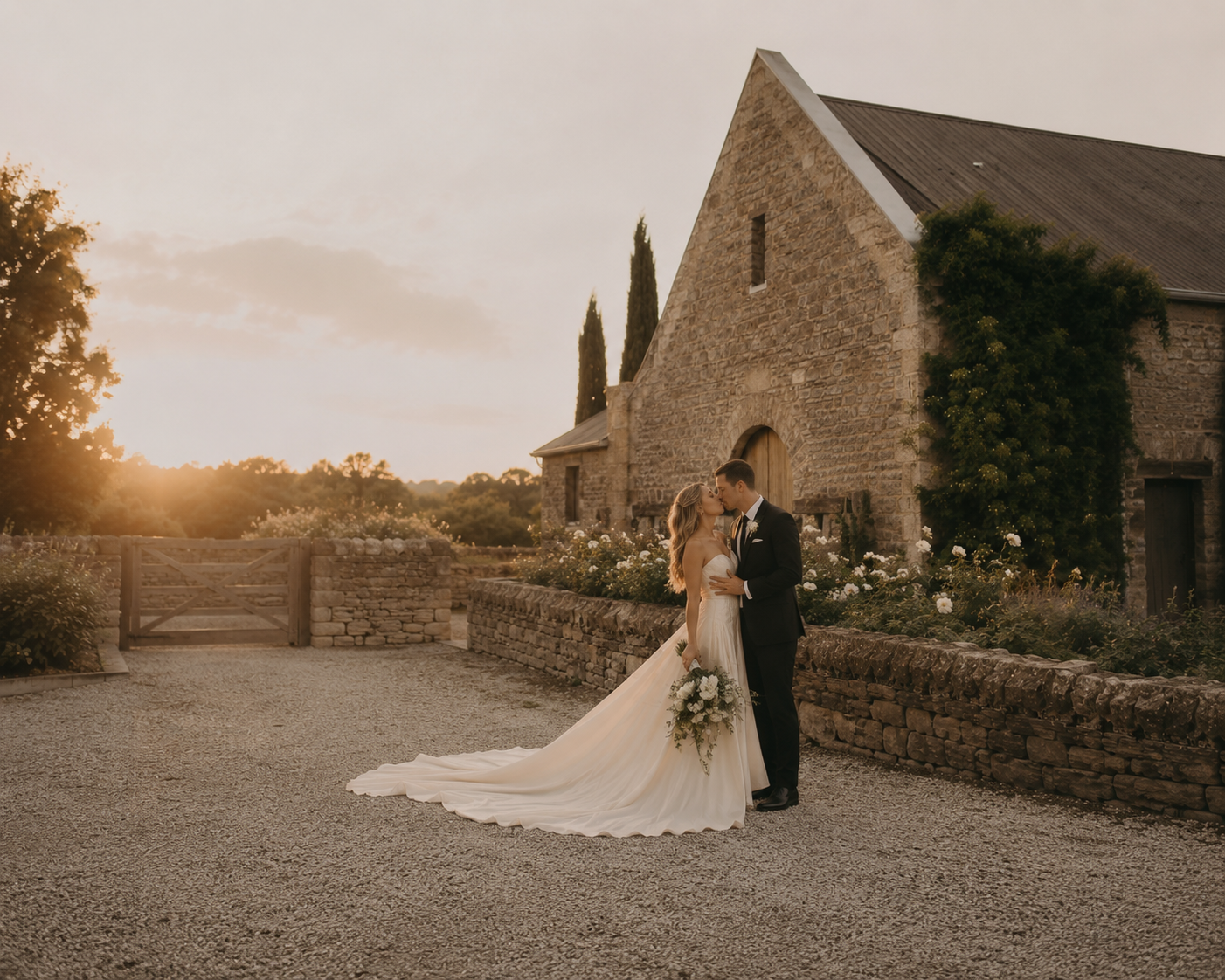 Bride and groom share a romantic moment at sunset beside a stone barn venue surrounded by lush gardens.