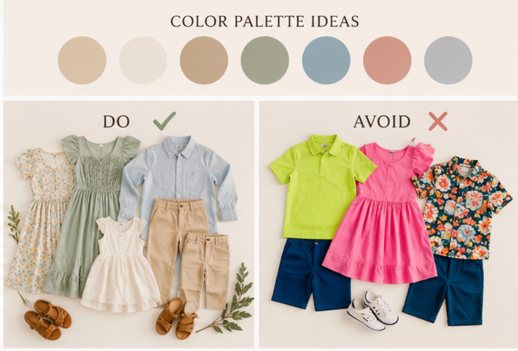 Color palette guide showing earthy tones for family photos, with DO and AVOID outfit examples for coordinated family pictures.