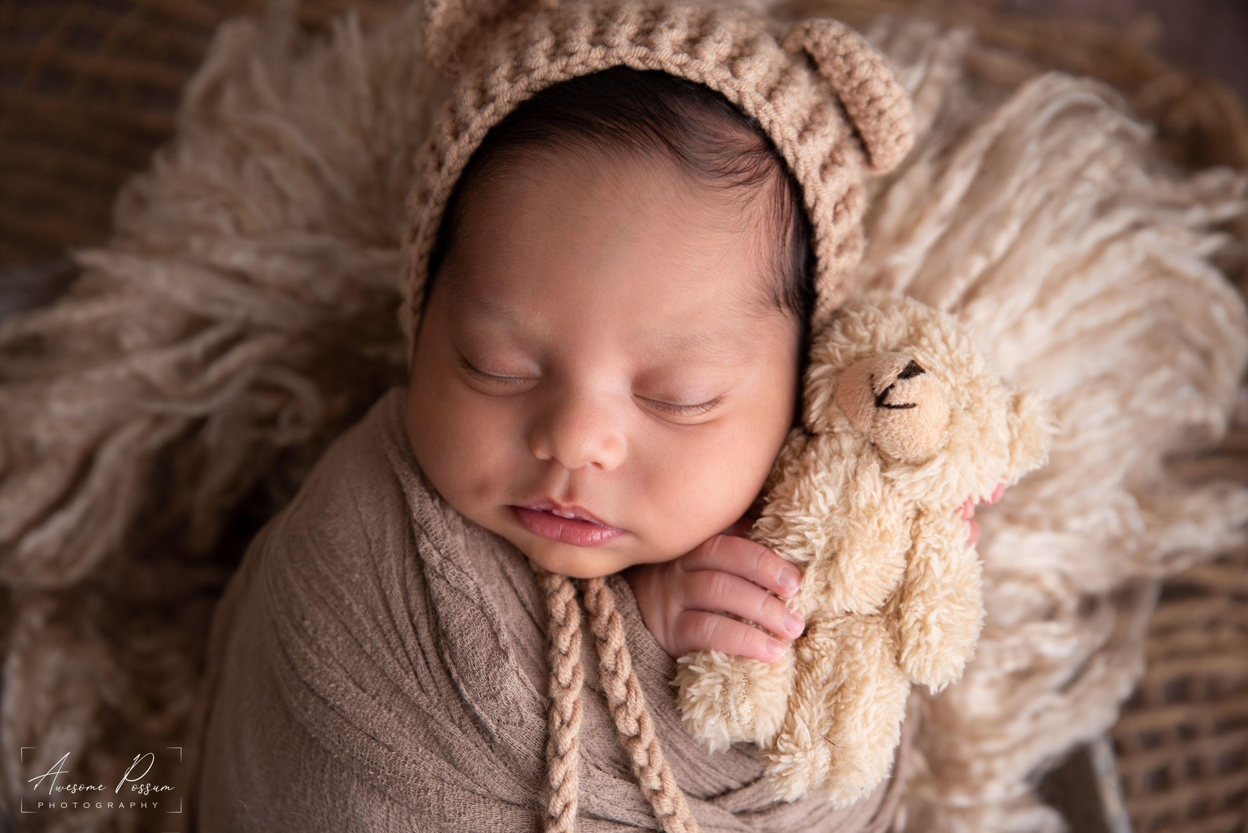 Newborn photography Melbourne, baby with stuffed animal toy prop