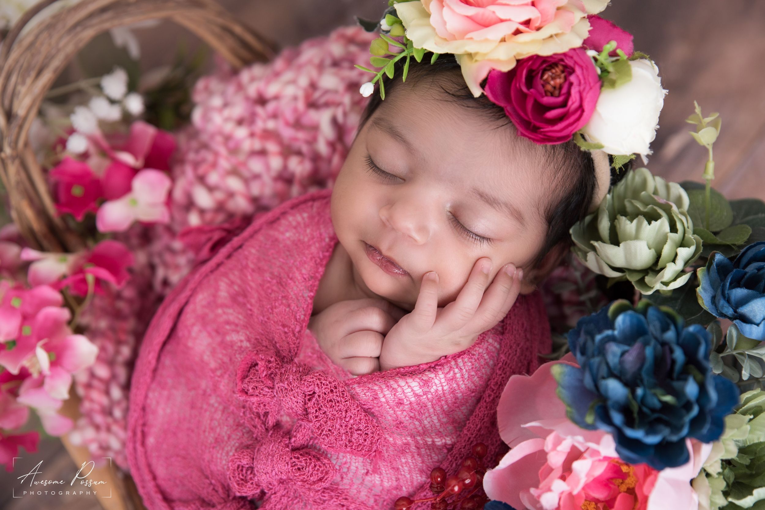 Newborn photography Melbourne, baby in floral headband photoshoot