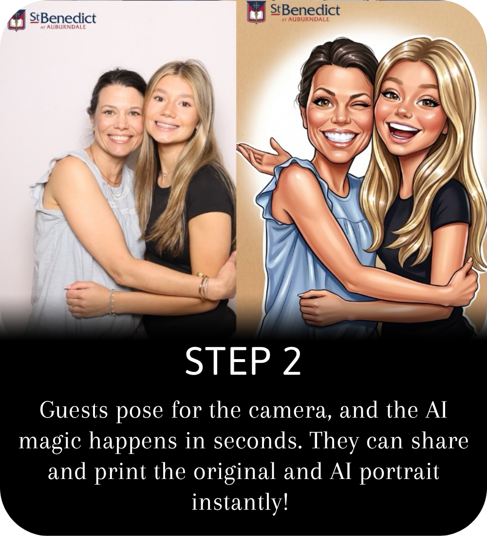 Two women pose in a print photo booth, one holding a red phone, with text reading Print Booth - stunning photo quality.