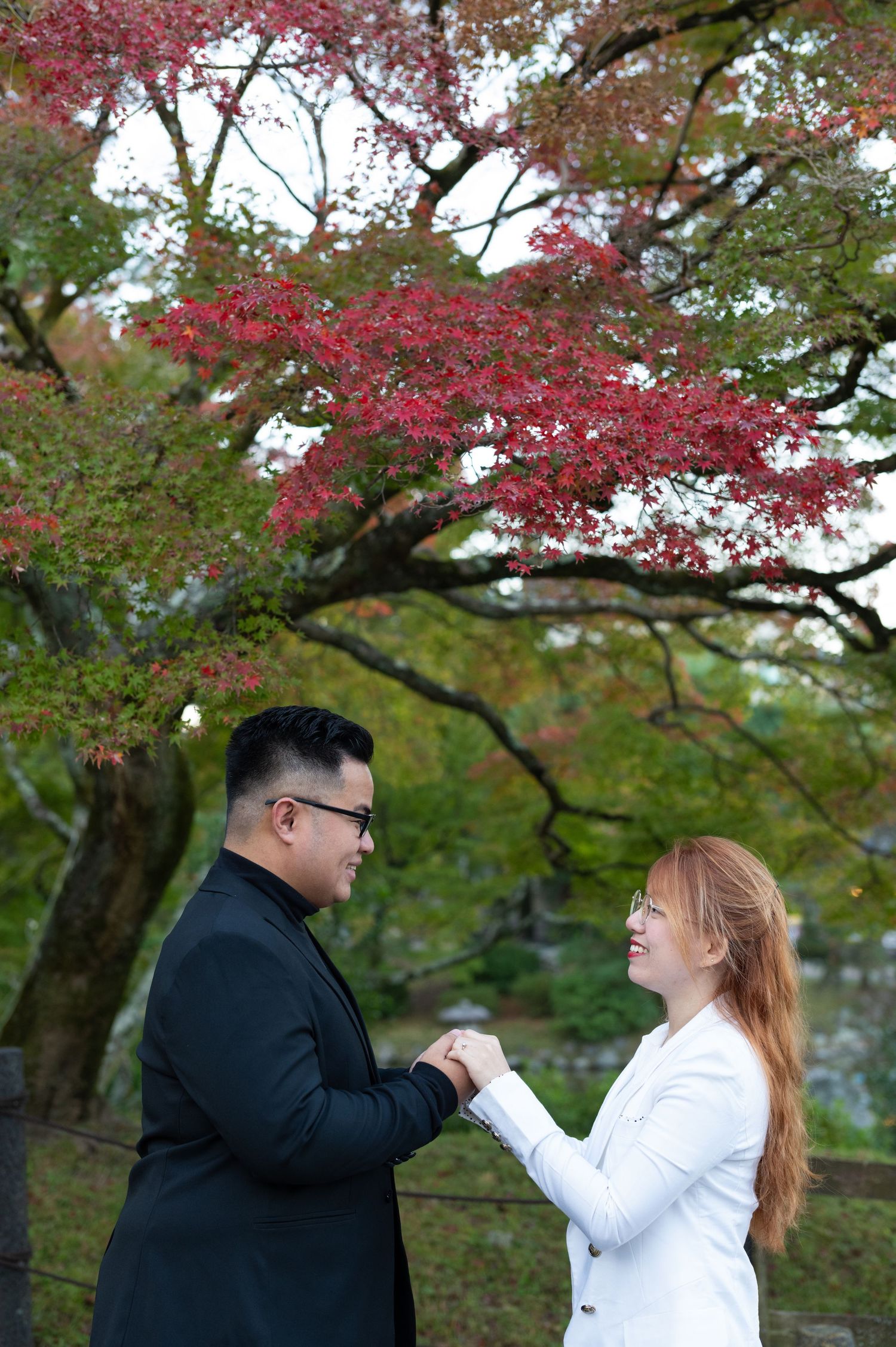 Couple holding hands and smiling under vibrant red Japanese maple tree in autumn park.