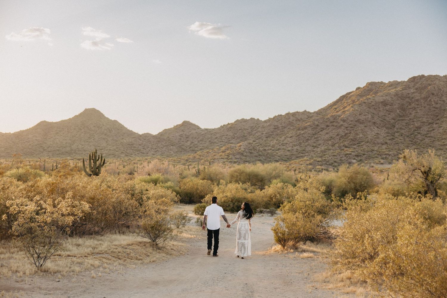 A couple walks hand in hand through a golden field at sunset with mountains in the background.