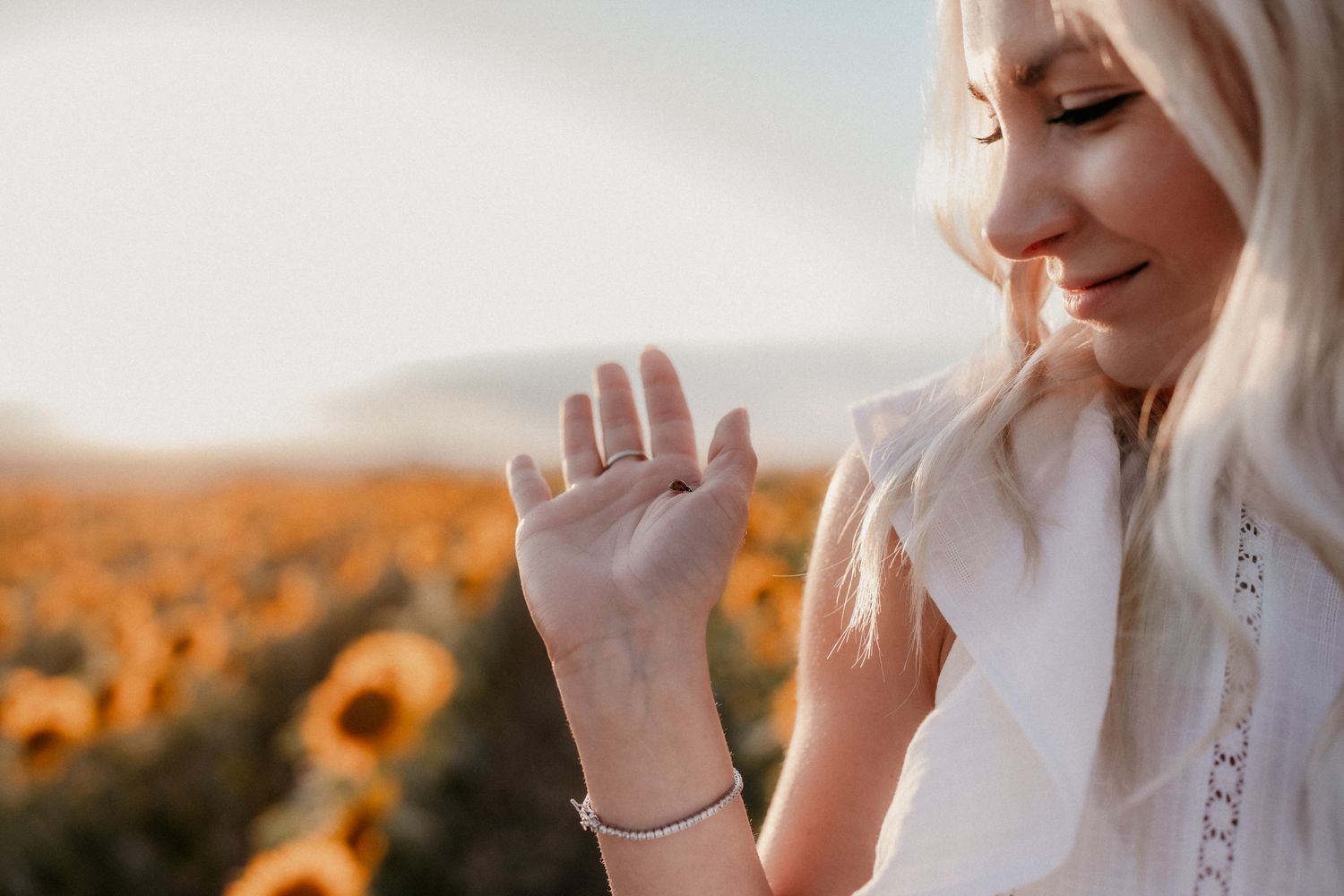 A romantic sunset moment captured in a golden field with warm lighting and soft expressions.