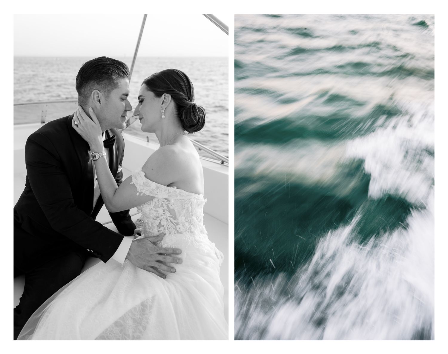 A romantic black and white beach wedding photo series with crashing waves and intimate couple portraits.