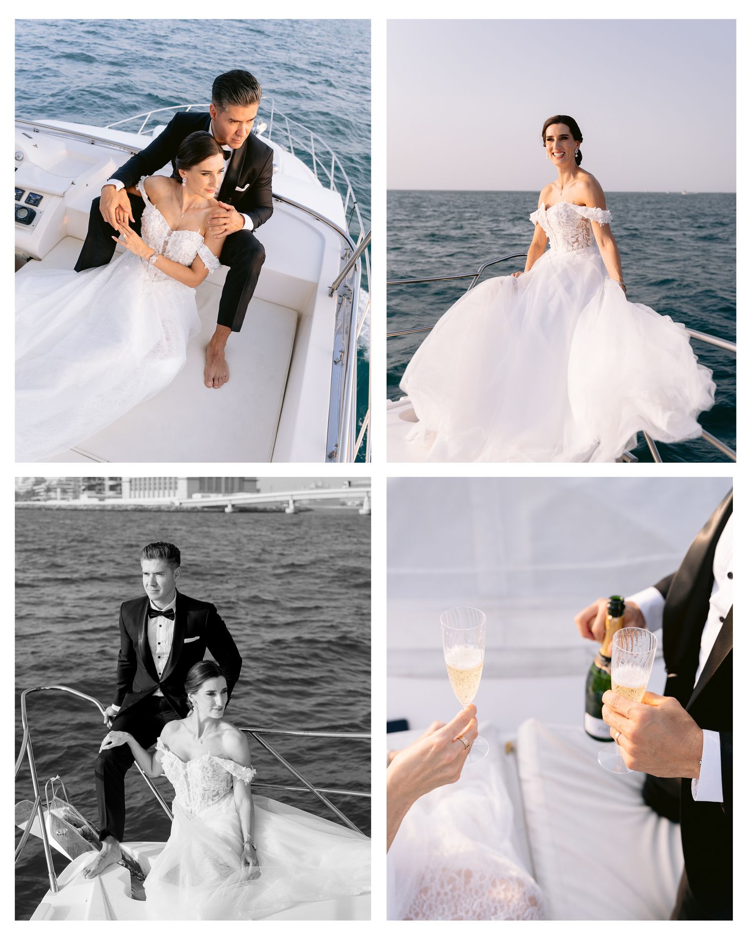A romantic yacht wedding photoshoot featuring elegant couples in formal attire celebrating on a boat at sea.