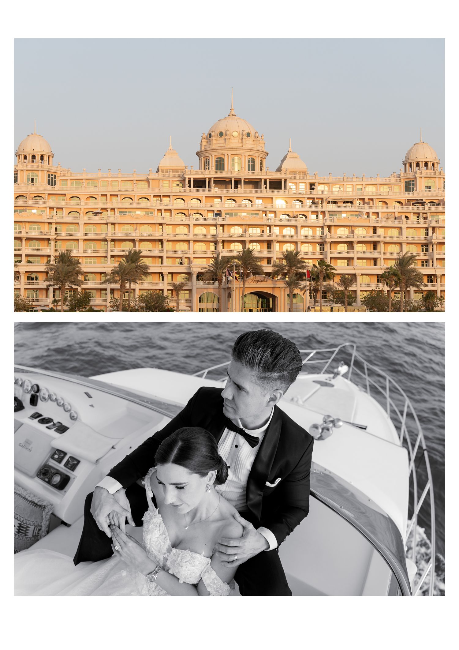 Luxury palace hotel in Rajasthan with ornate sandstone architecture and palm trees along the facade at sunset.