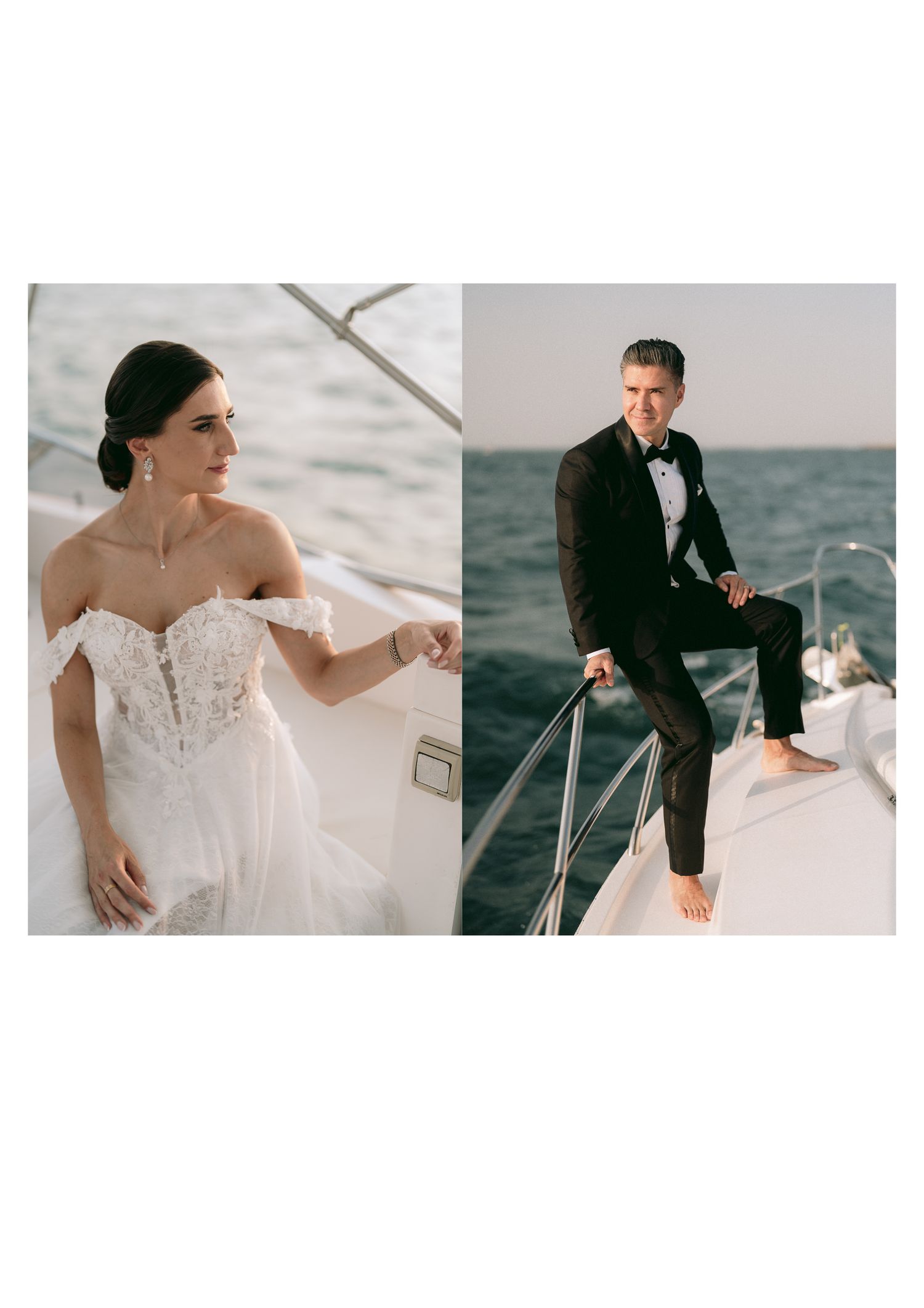 Nautical wedding photography with a couple in formal attire posing on a yacht deck against ocean backdrop.