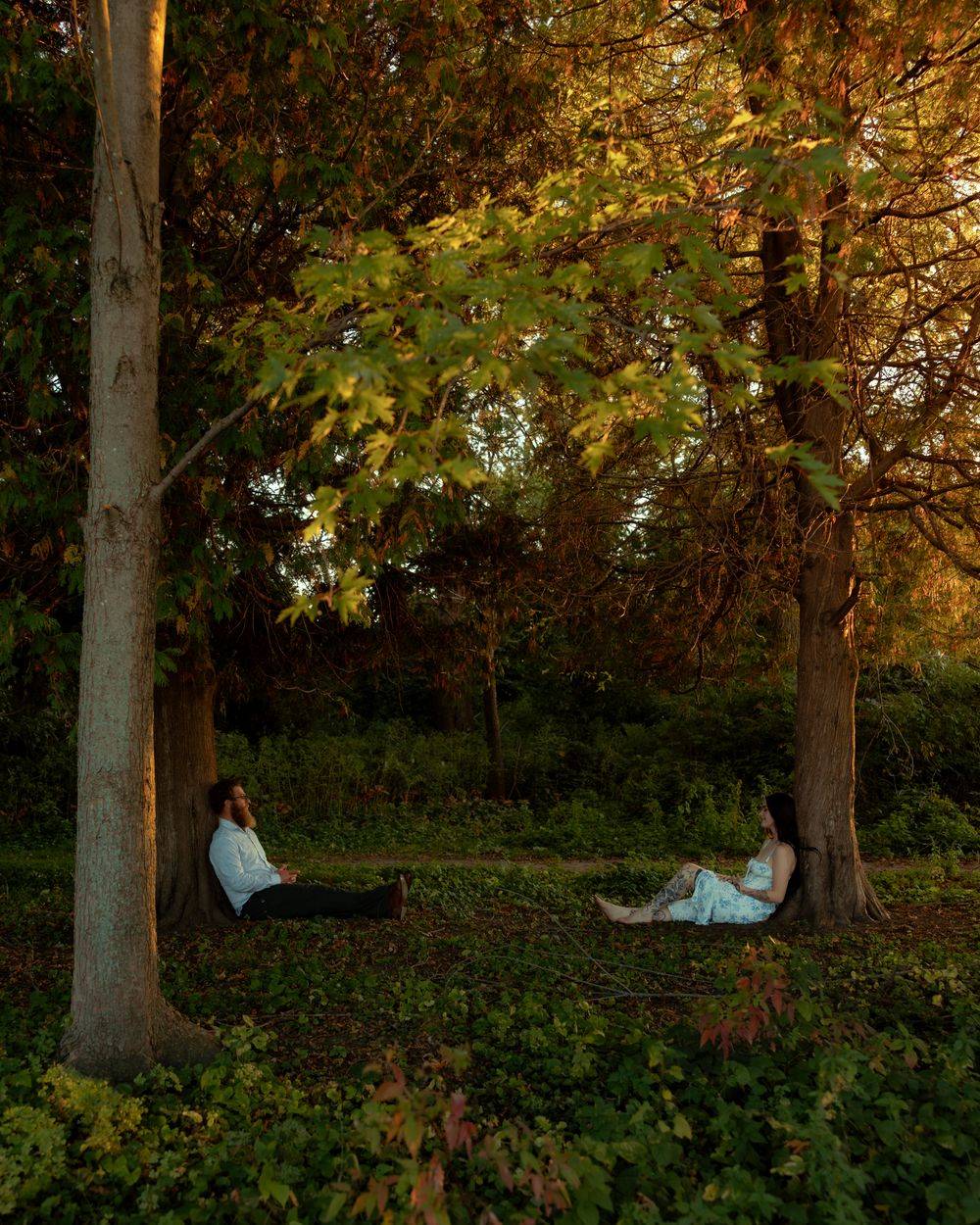 A person stands in a wooded area at sunset with golden light filtering through autumn trees and foliage.