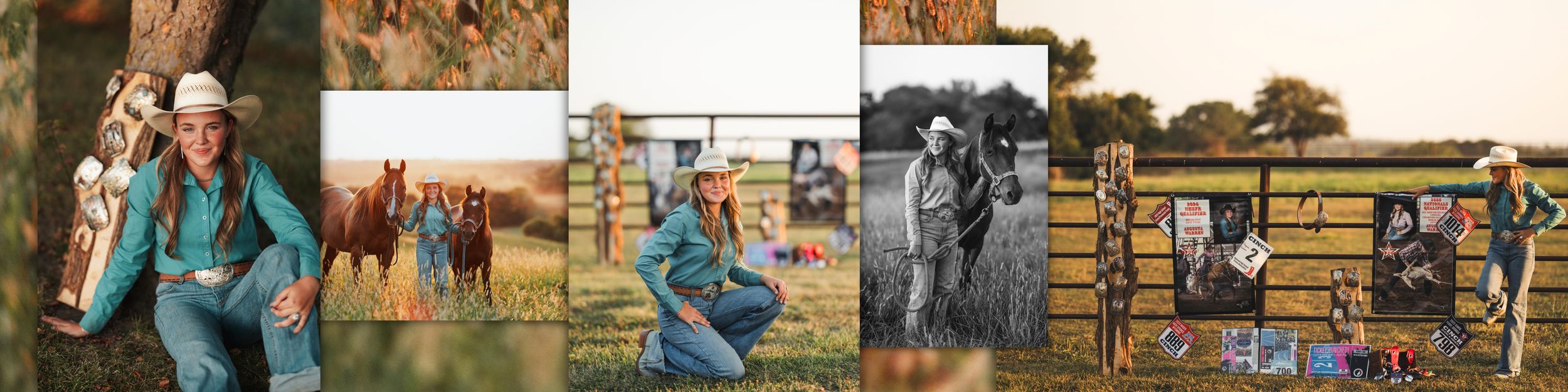 A series of candid outdoor portraits showing people sitting and posing on a rustic wooden fence at sunset.