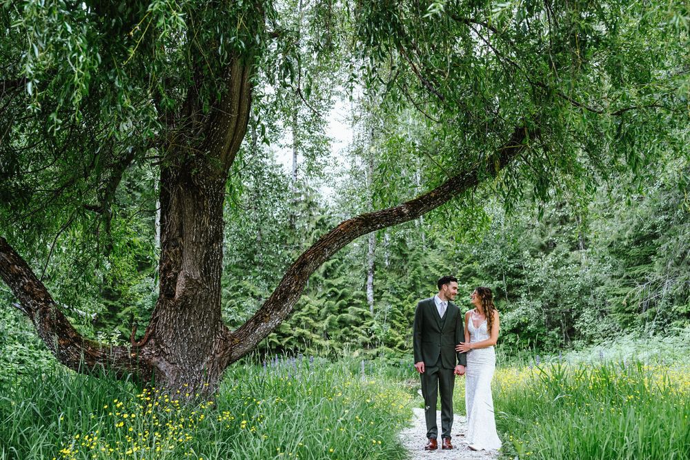 Bride and groom embracing under large willow tree — romantic outdoor wedding photography.