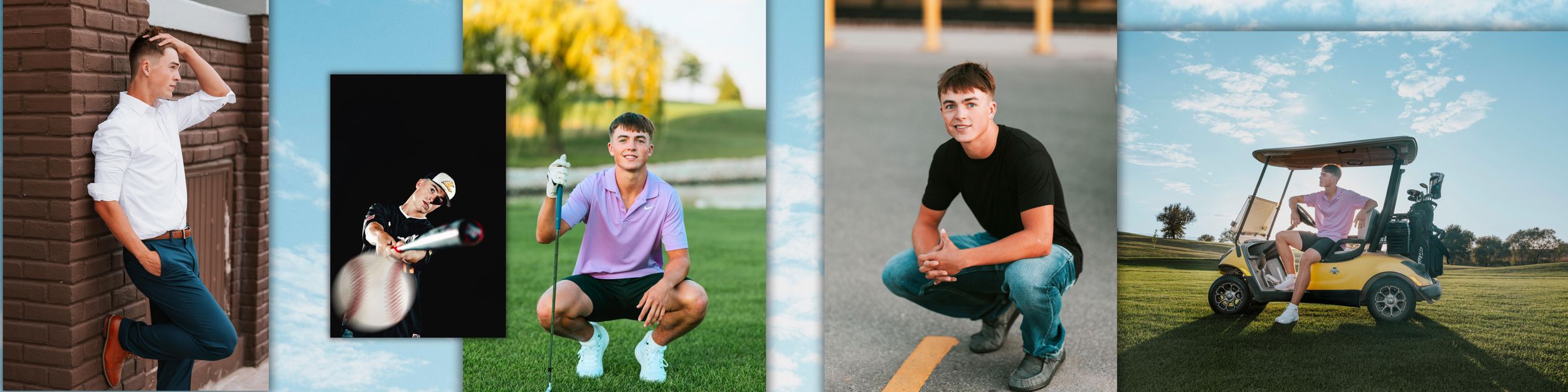Collage of sports and athletic activities showing golf swings, running, and outdoor training sessions.