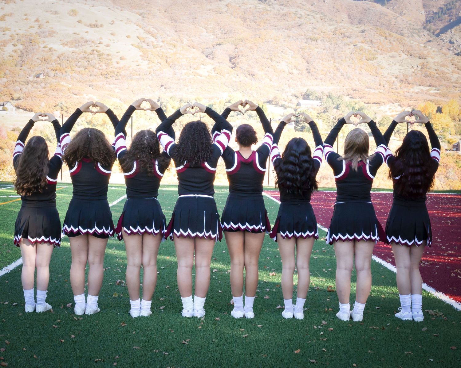Cheerleaders lined up with their backs to the camera showing their matching uniforms and pom-poms on a sports field.