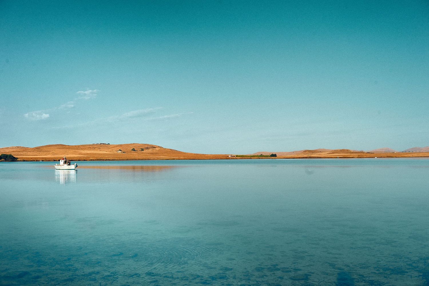 Panoramic view of a tranquil lake with turquoise waters and desert landscape under clear blue sky.