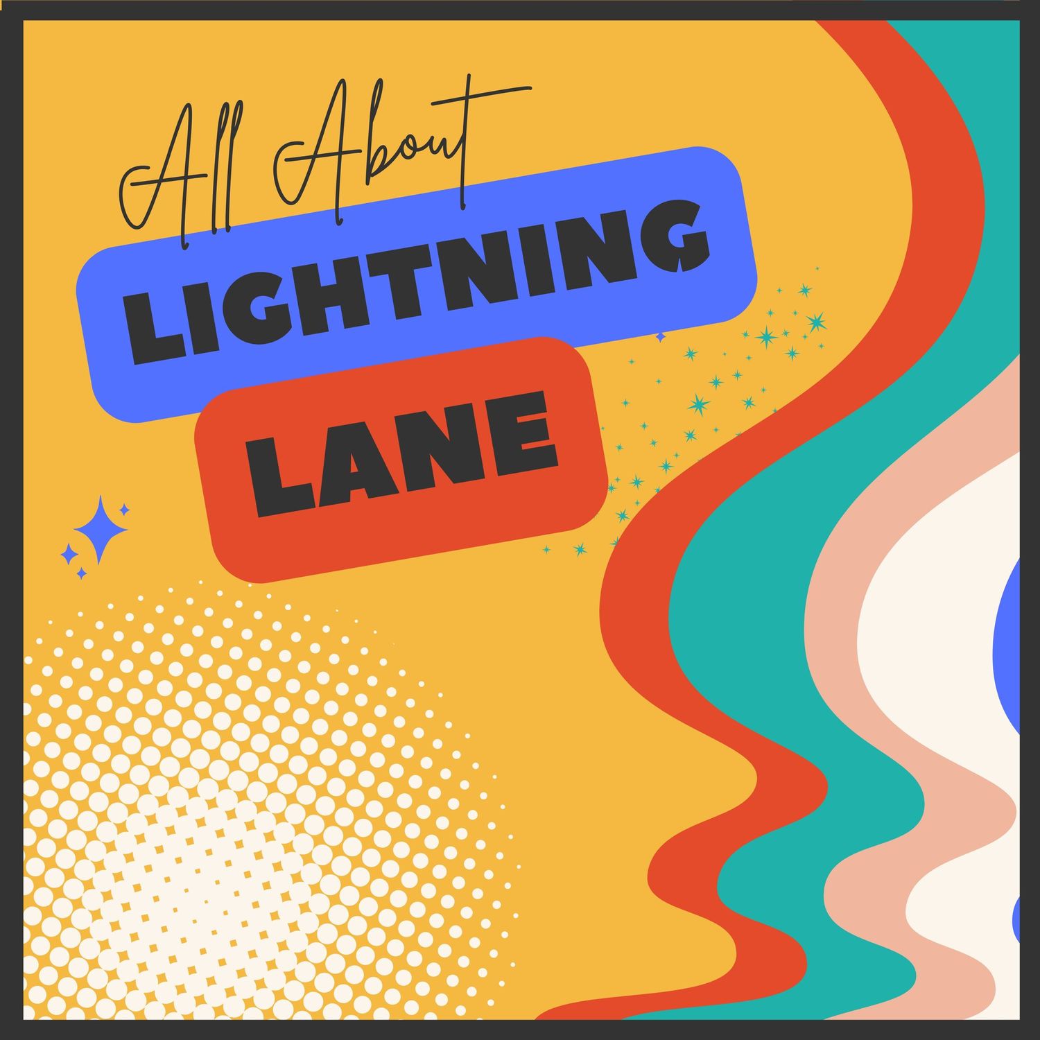 Retro-style graphic design featuring Lightning Lane text on yellow background with teal accents.