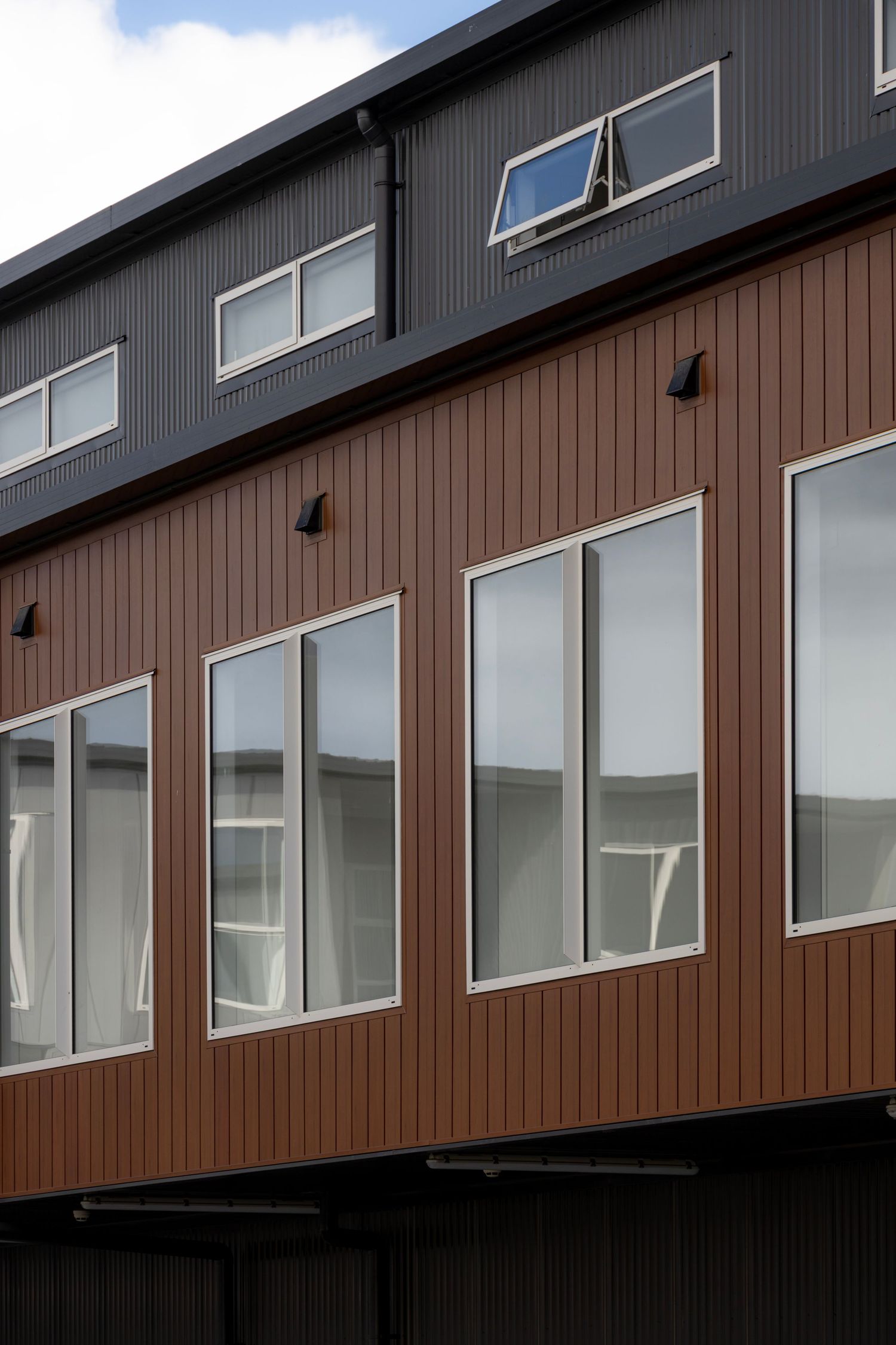 Warm-toned townhouse cladding with clean-lined windows catching soft afternoon light.