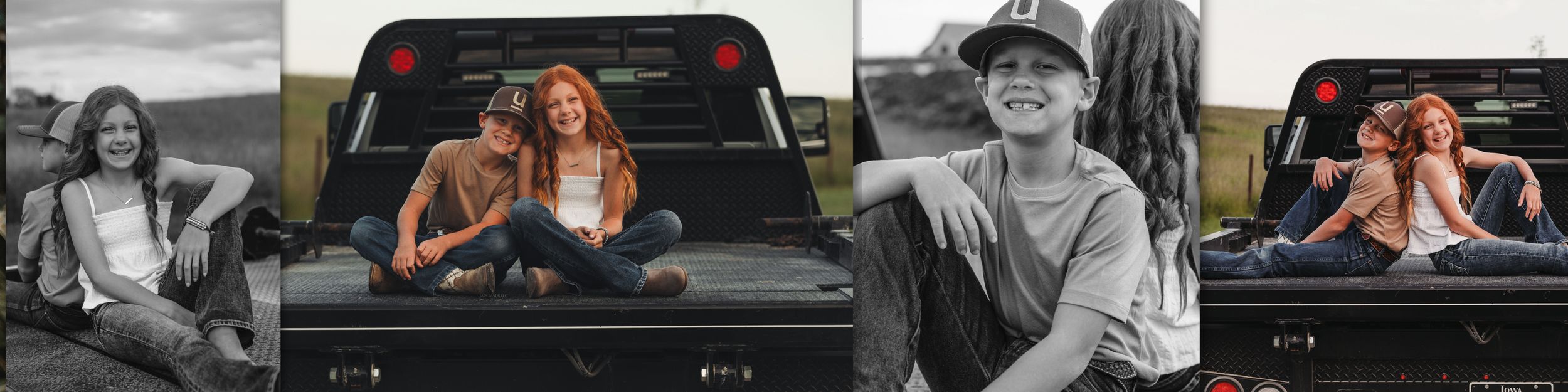 A set of four black and white lifestyle photos with a person posing in front of and sitting in the bed of a pickup truck.