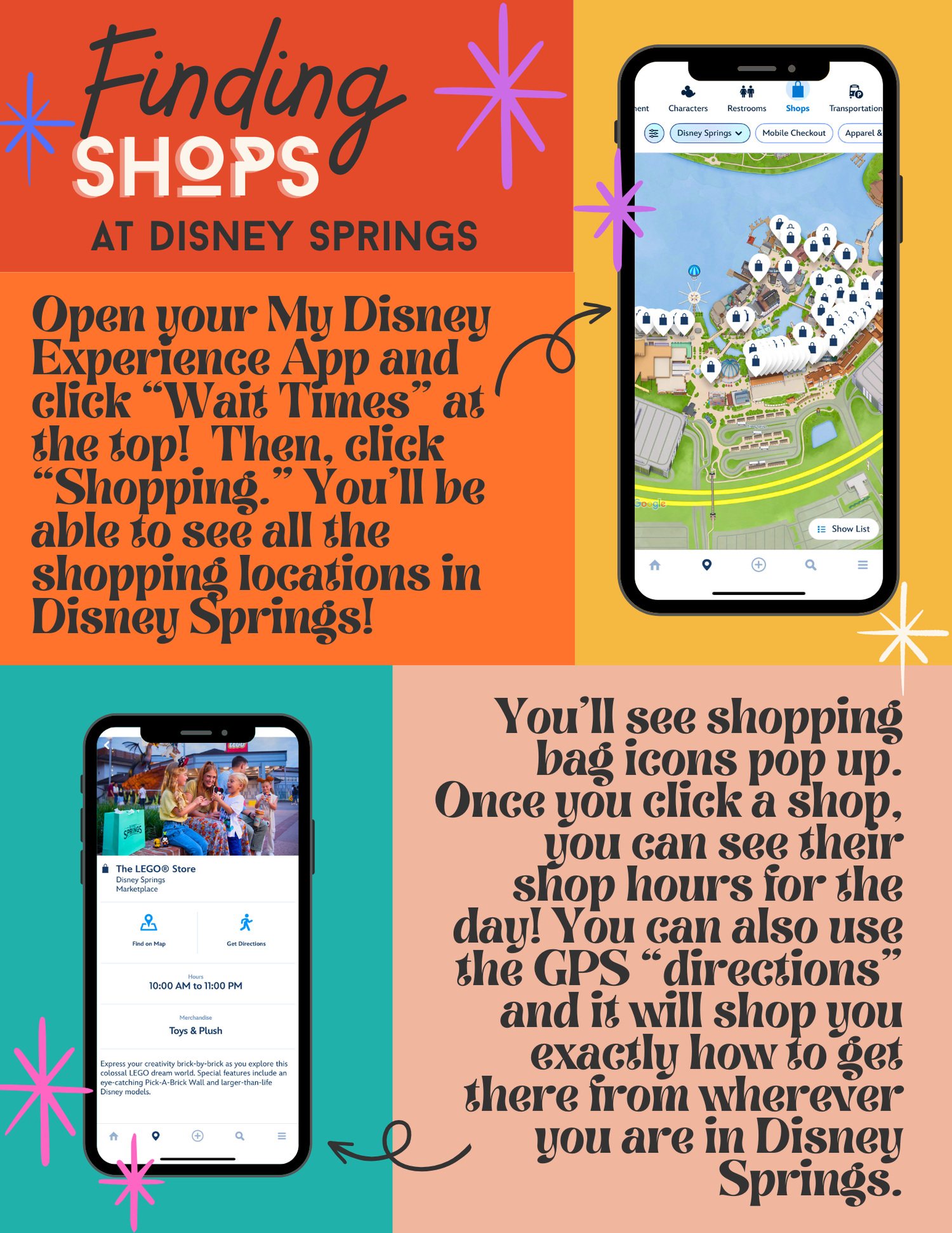 Tutorial showing how to find shops at Disney Springs using the My Disney Experience mobile app.