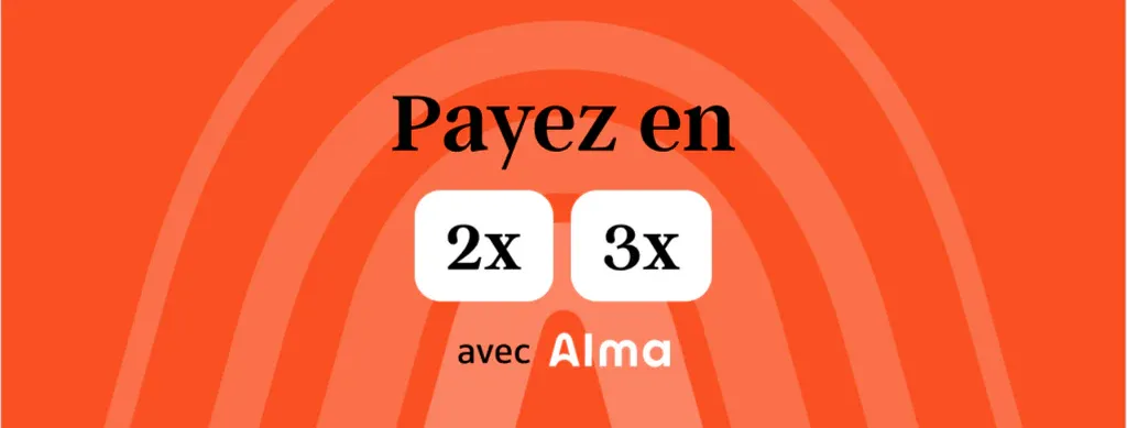 Orange banner for Alma payment service showing '2x' and '3x' installment options without fees, with credit card logos at bottom.