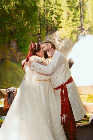 A romantic wedding photo sequence showing a couple during their vow ceremony in a sun-lit forest setting.