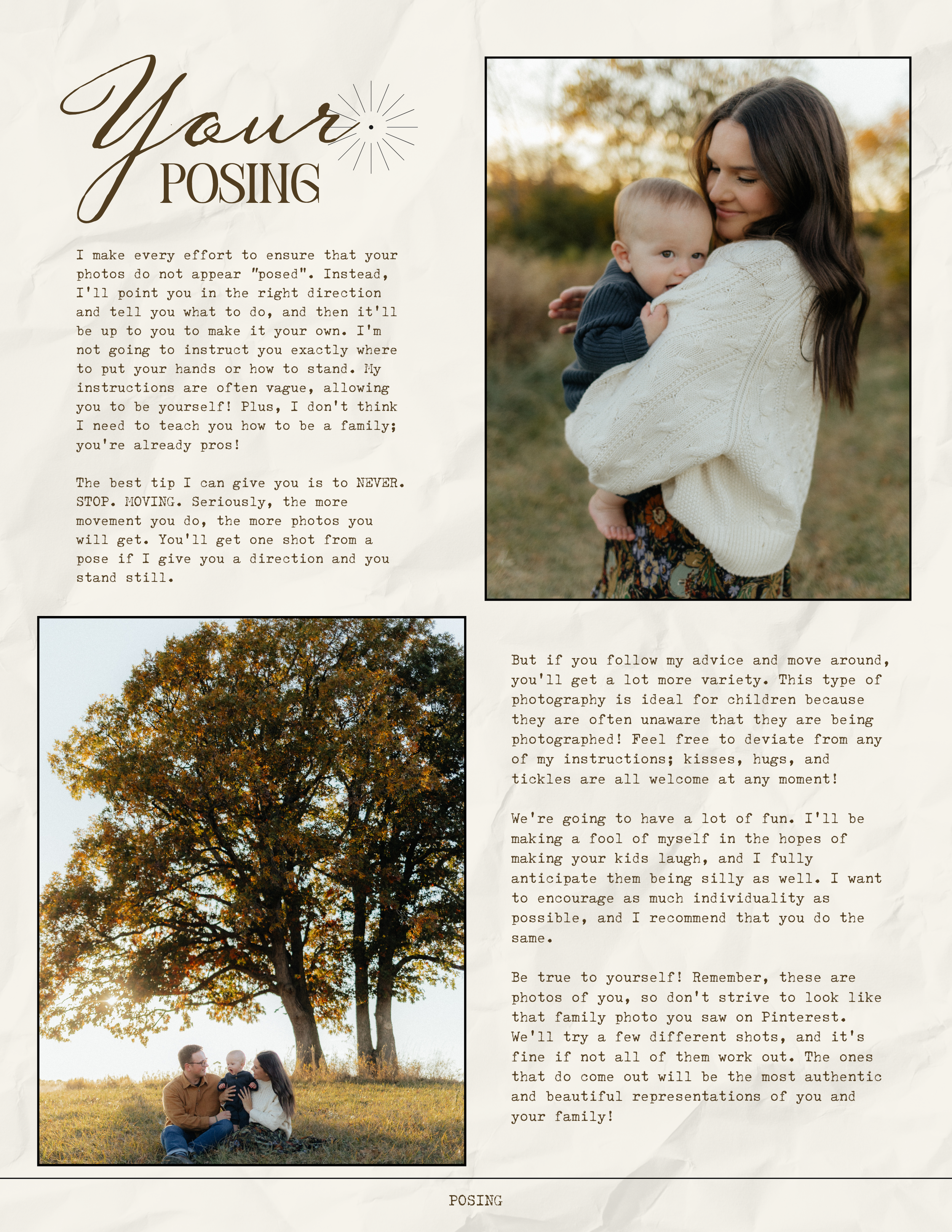 Wedding photography layout featuring romantic couples in outdoor settings and white sweaters with text overlays about posing.
