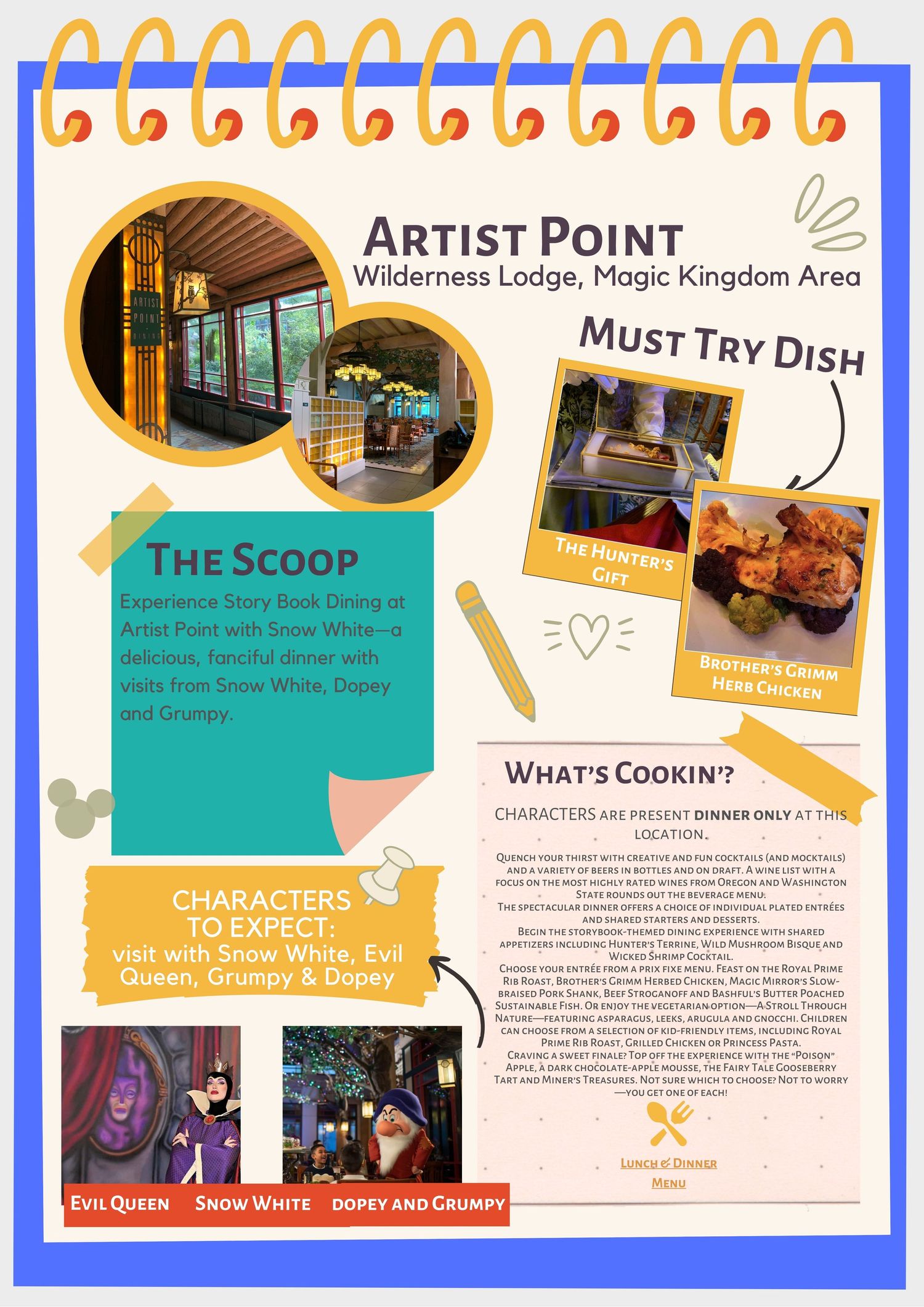 Artist Point restaurant information page with food photos and menu details in a playful layout.
