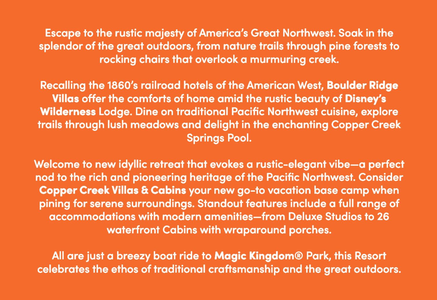 Descriptive text about Disney's Wilderness Lodge amenities and activities on orange background.