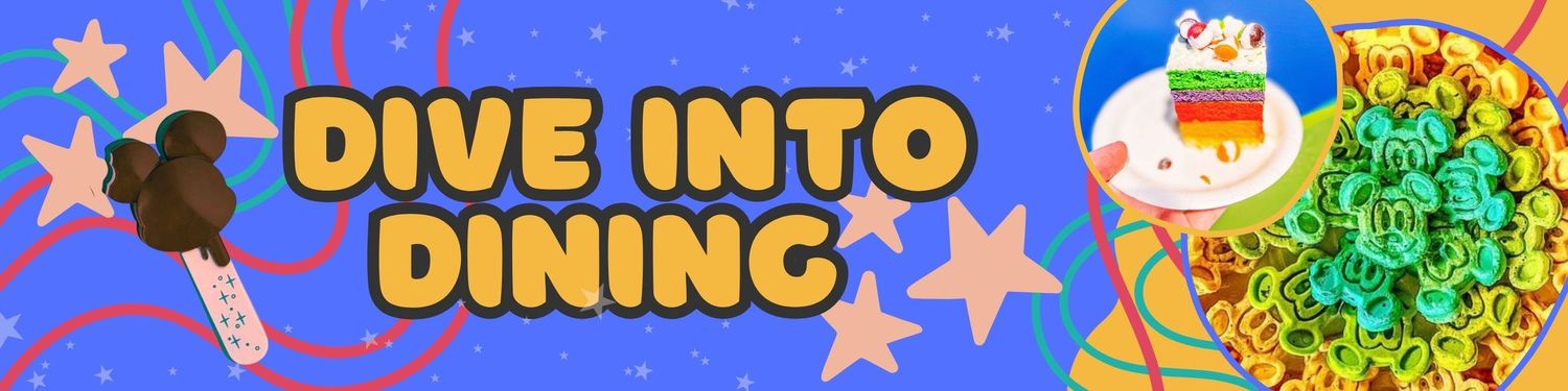 A colorful gaming banner featuring the text "DIVE INTO DINING" with stars and decorative elements on a blue background.