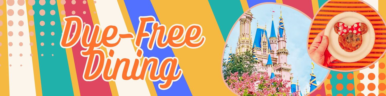 Decorative banner for dye-free dining featuring colorful patterns and castle illustration.